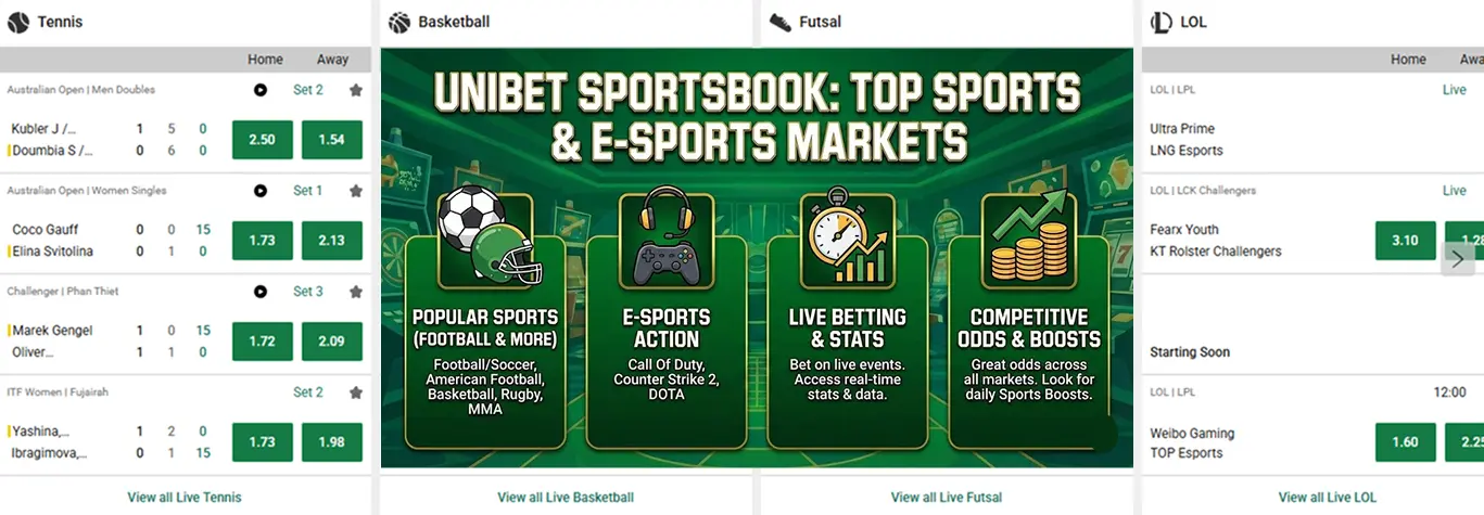 Unibet Sportsbook interface displaying betting markets