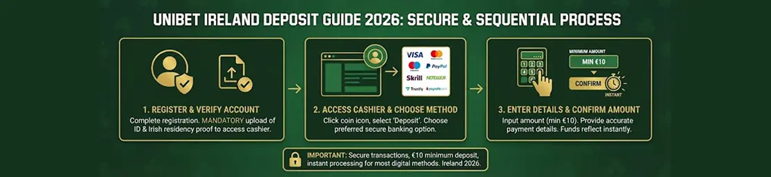Three-step flowchart for making an initial deposit on Unibet Casino