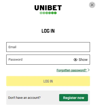 Screenshot of the Unibet desktop homepage highlighting the login area for web browser access
